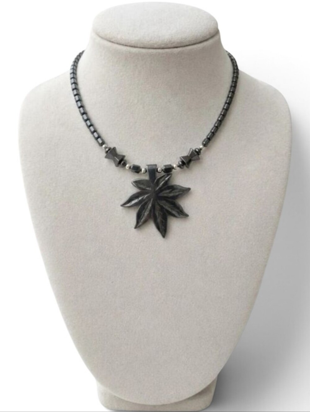 Vintage Hematite Leaf Pendant Necklace
